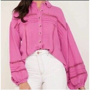Free People Summer Stars Button Down Pink Boho Shirt Size XS Oversized Crochet